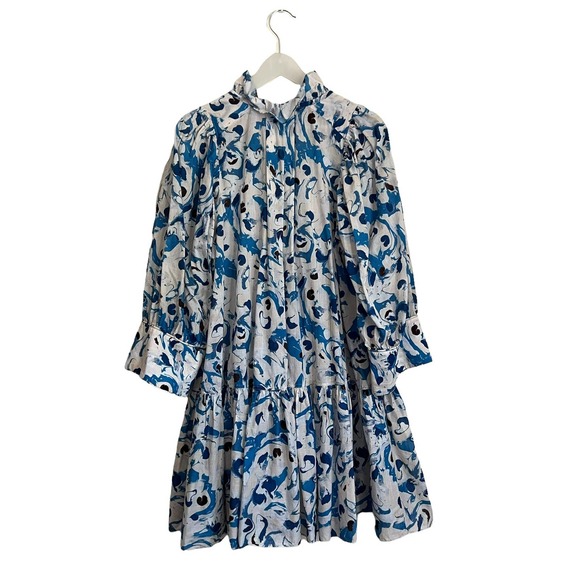 H&M Conscious Smock Dress with Puffed Sleeves Blue Watercolor Size Small - Picture 9 of 16